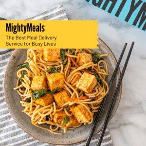 Closeup of MightyMeals food with chopsticks on the plate